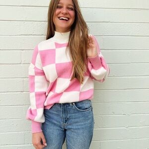 Soft Pink Checkered Mock Turtleneck Sweater